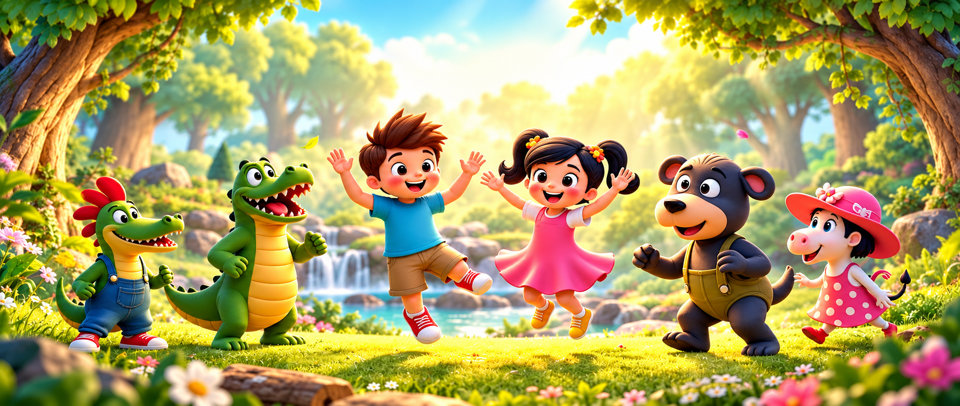 Children and animals playing in a park